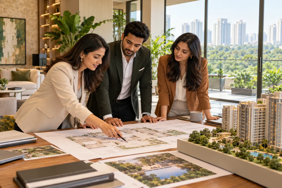 Illustrative scene of the Porch & Plot advisory team reviewing a floor plan